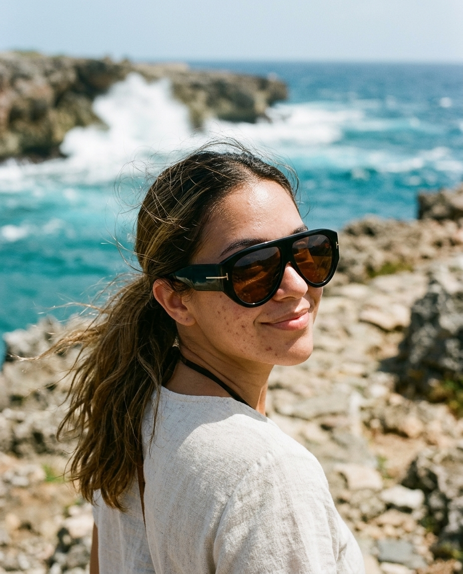 Young Latina woman wearing ASIENTO black sunglasses with coffee lens on the Curacao coastline