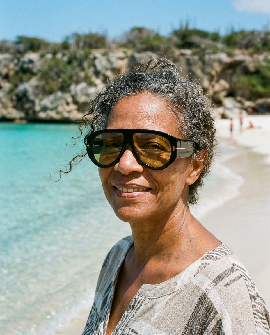 Curacaoan woman in her late 50s wearing DAAIBOOI black sunglasses with amber lens at Daaibooi beach