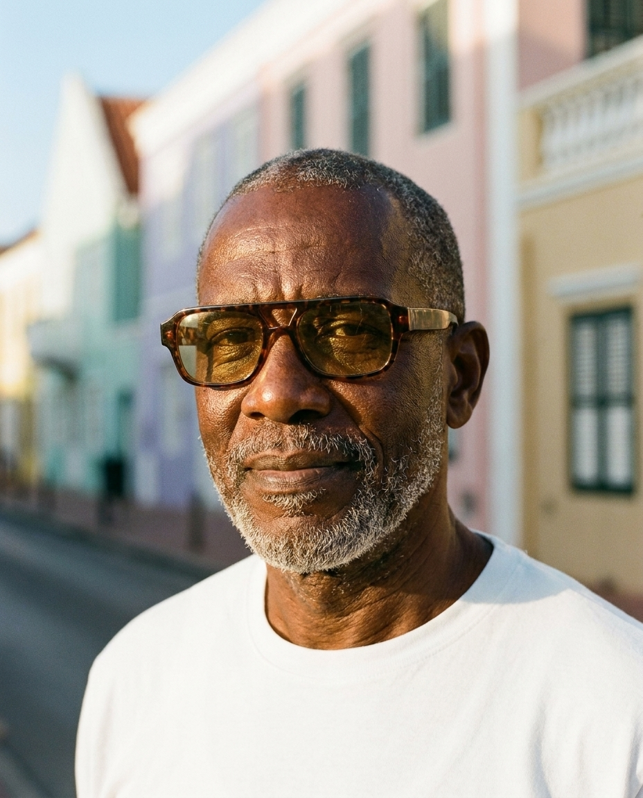 Older Curacaoan man wearing WESTPUNT tortoiseshell sunglasses with gold lens on a Willemstad street