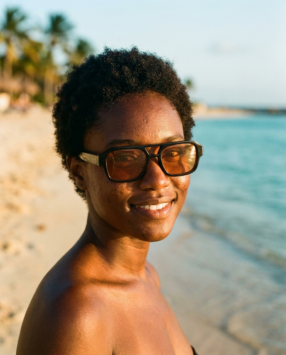 Young Afro-Caribbean woman wearing PIETERMAAI black sunglasses with orange lens on a Curacao beach