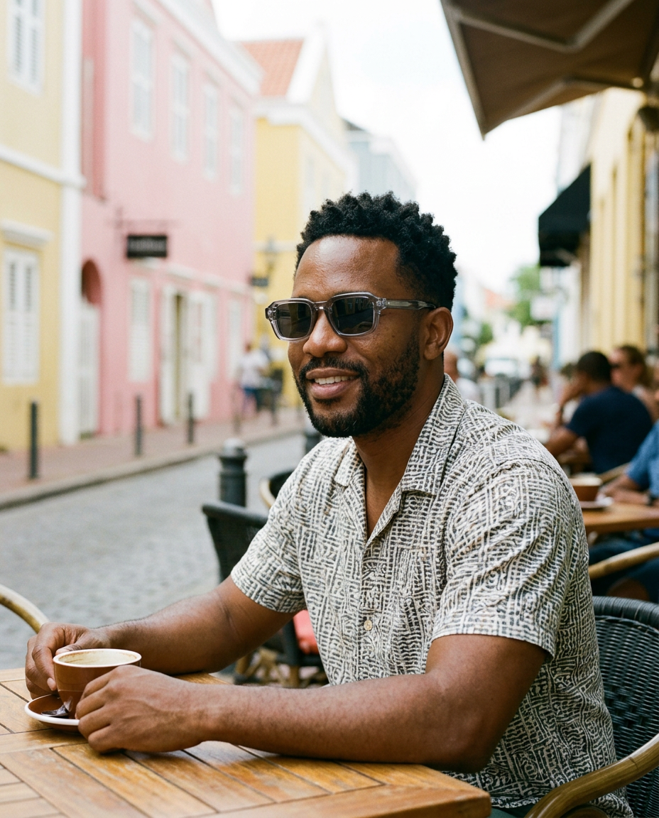 Curacaoan man wearing LAGUN clear grey sunglasses with smoke lens at a Willemstad cafe
