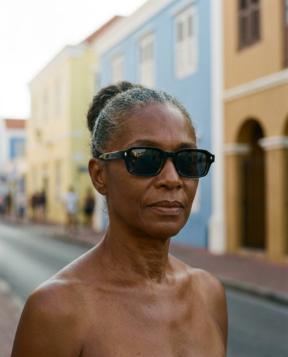 Elegant older Curacaoan woman wearing PUNDA black rectangular sunglasses with smoke lens on a Willemstad street