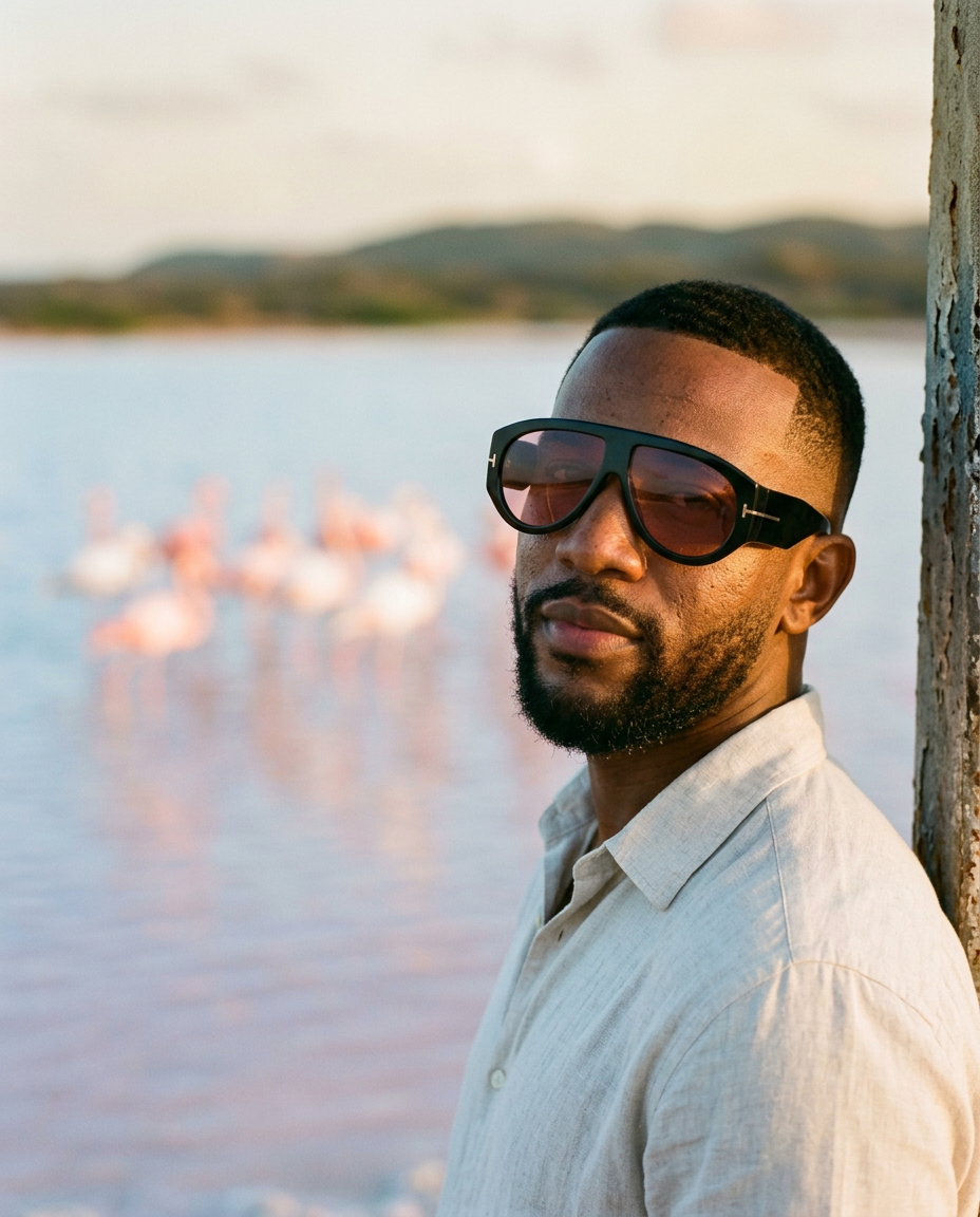 Man wearing JAN KOK black sunglasses with pink lens near the Curacao salt flats